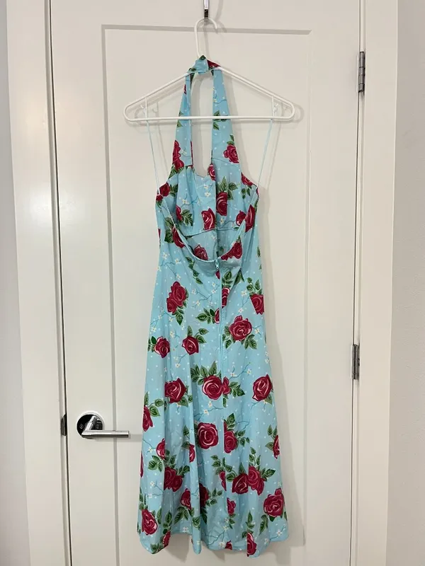 Hell Bunny Vixen 50s Rockabilly Blue Rose Halter Swing Dress - Image 7