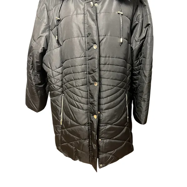 Avenue Puffer Jacket Quilted Design Faux Fur Trim Hooded Solid Black W 14/16 NWT - Image 4