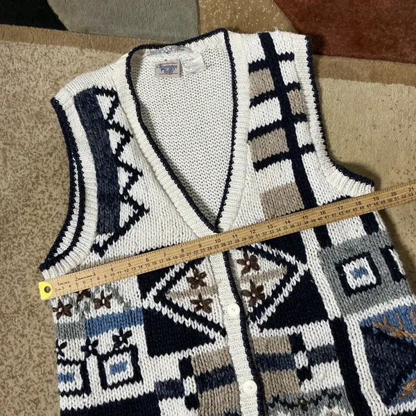 Huntington Ridge Vtg Boho Hand Knit Sweater Vest Womens M White Navy Patchwork - Image 3