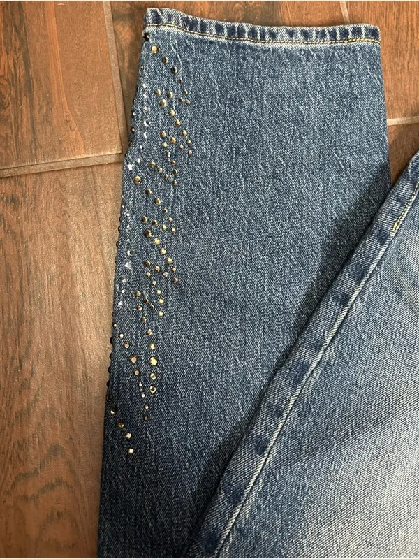Levi’s 501 Curve Stretch High Rise Straight Leg RHINESTONE Dark Wash Denim Jeans - Image 3