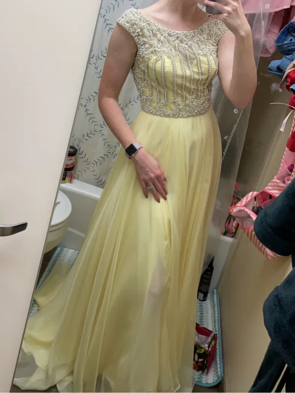 Sherri Hill Butter Yellow Beaded Cap-Sleeve Dress - Image 3