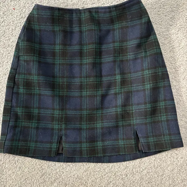Hollister Navy & Green Plaid Wool Blend Mini Skirt with Front Slits - Image 4
