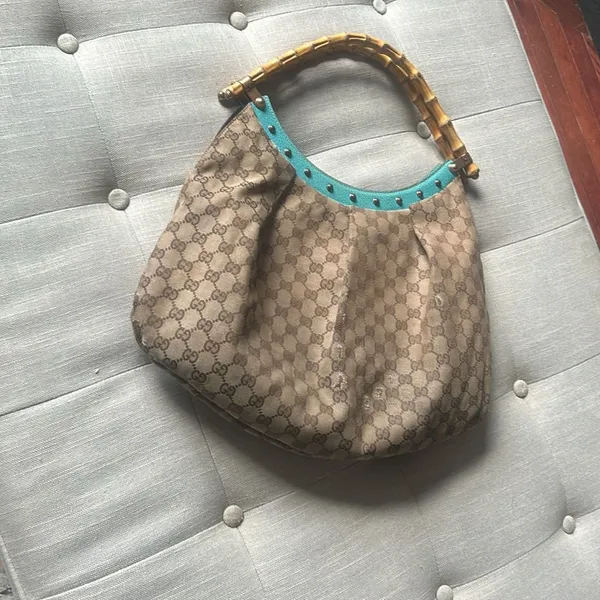 Gucci Bamboo Top Handle Handbag Canvas/ Teal Leather - Image 4