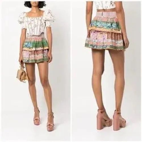 Alice and Olivia Multi Color Tiered Floral Patchwork Mini Skirt Smocked Waist - Image 2