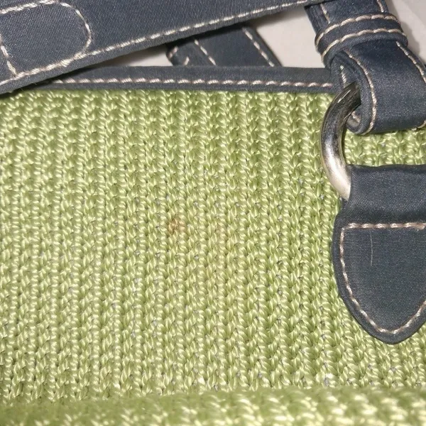 The Sak Green Woven Satchel Purse W/ Navy Blue Trim Vintage Boho Style Handbag - Image 5