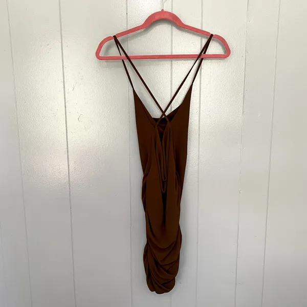 NEW Zara Brown Ruched Criss Cross Sleeveless Party Bodycon Mini Dress S - Image 3