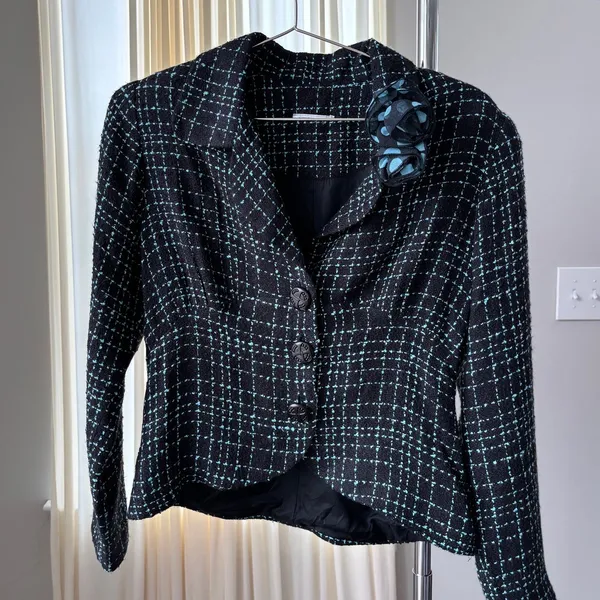 Y2K Tweed Blazer S Blue Plaid Floral Lapel Rosette Office Siren Whimsy Rom Com - Image 3