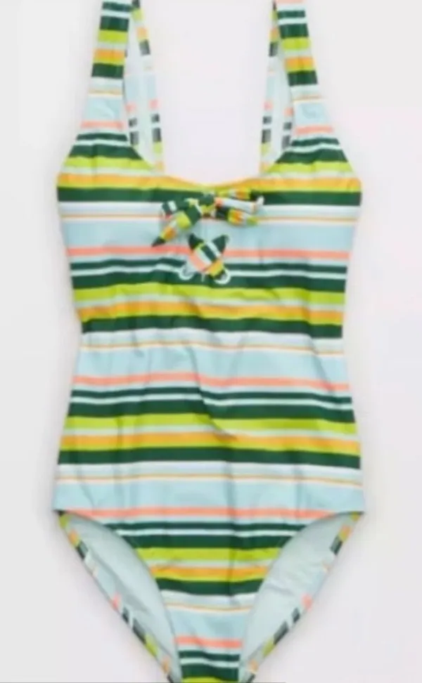 AERIE Women’s Striped One Piece Tie Front‎ One Piece Bathing Suit Sz Large - Image 2