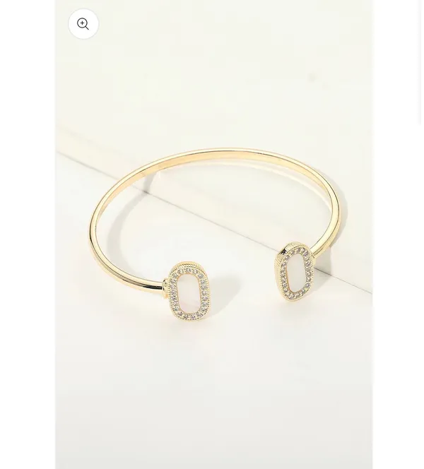 14k Gold Pave Rim Mother Of Pearl Oval Tip Cuff Bracelet - Image 2