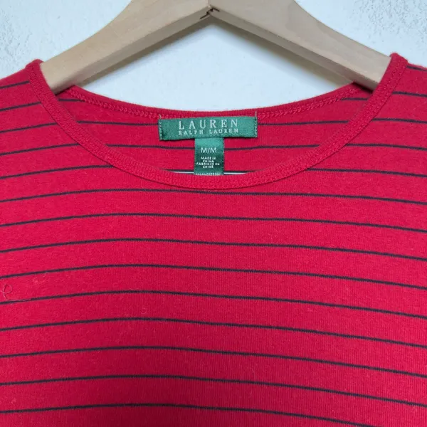 Lauren Ralph Lauren Women Cotton Top M Red Striped Long Sleeve Pocket‎ Preppy - Image 2