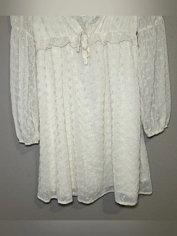 Storia Neutral Sheer V Neck Long Sleeve Cottagecore Mini Dress Women’s Medium - Image 3