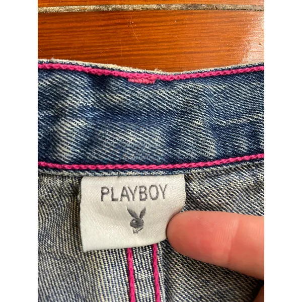 Playboy Bunny Denim Cutoff Shorts Pink Stitch Y2K Made USA Womens 7 - Image 2