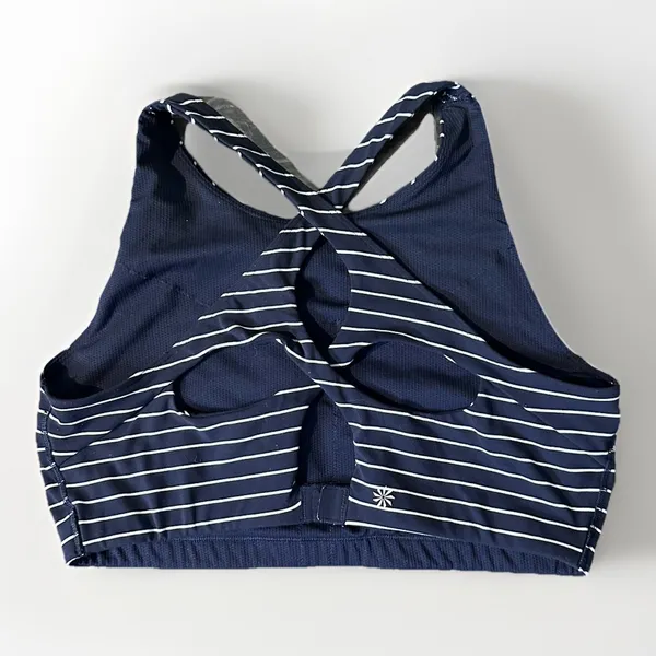 Athleta Blue & White Stripe High Neck Sports Bra Powervita Cutout Racerback XL - Image 2