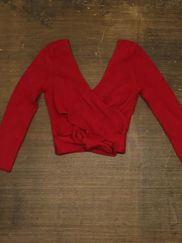Express Womens Cropped Knit Tie Back Top Red S - Image 2
