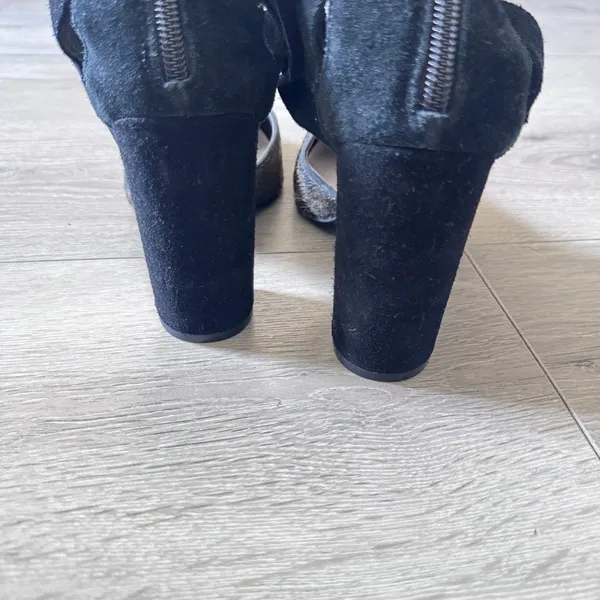 Farylrobin Size 10‎ Black Suede Calf Hair Multi Strap Block Heel Caged Pumps - Image 7