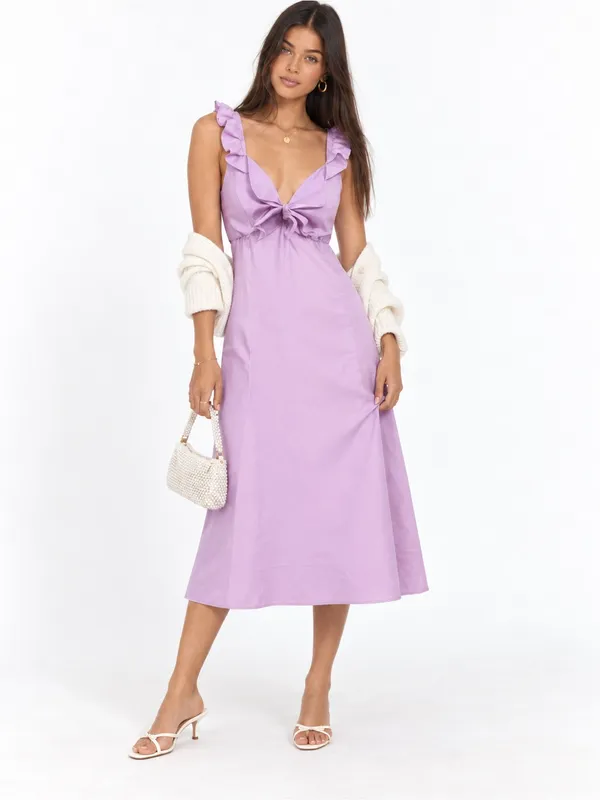 DREW XS Lilac Bow Tie Midi Dress Wedding Guest Kawaii Pastel Romantic Fairy - Image 2