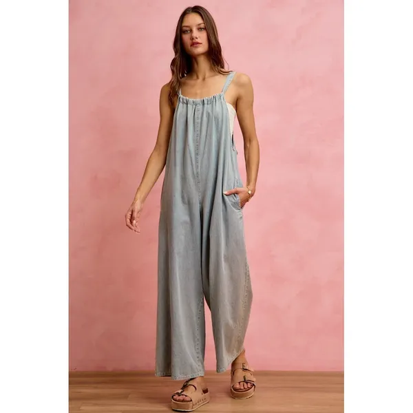 SO ME Wide Leg Lightweight Denim Overalls - Light Denim - Medium - Image 3