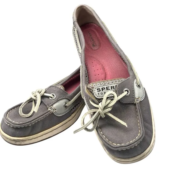 Sperry 8 Angelfish Linen Boat Shoe Womens Grey Flats Preppy loafer Open Weave - Image 7