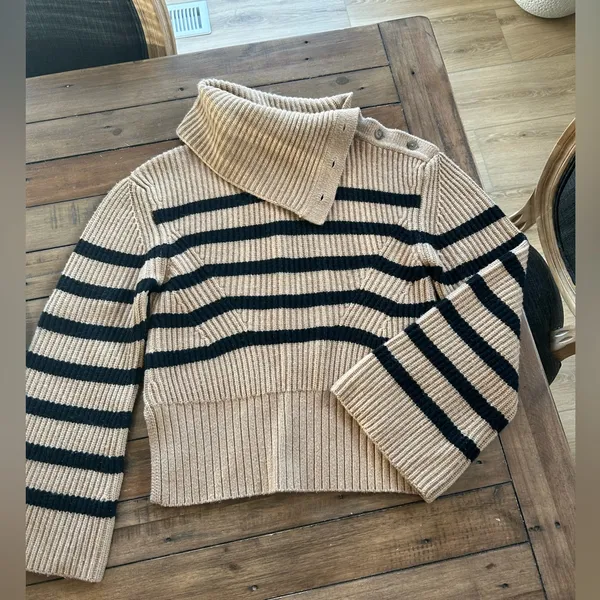 Simkhai Cashmere Wool Adrienne Striped Button Turtleneck Brown Sweater - Image 6