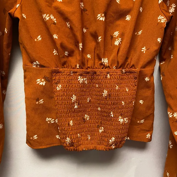 Abercrombie Fitch Rust Floral Twist Front Smocked Waist Babydoll Blouse Top Sz S - Image 4