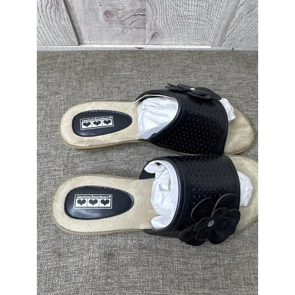 Womens Black Slide On Sandals Size 7 With Flower Rhinestone Detail Open Toe - Image 7