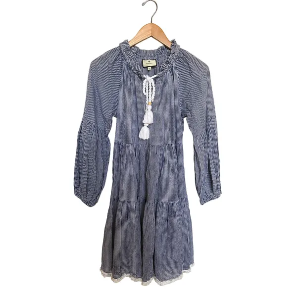 Tuckernuck Beach Nautical Tie Neck Tiered Coverup Dress Sz XS Navy White Stripe - Image 2