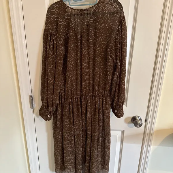 Vince Women's Brown Starry Dot Pleated Long Sleeve Sheer Midi Dress Sz Small - Image 3