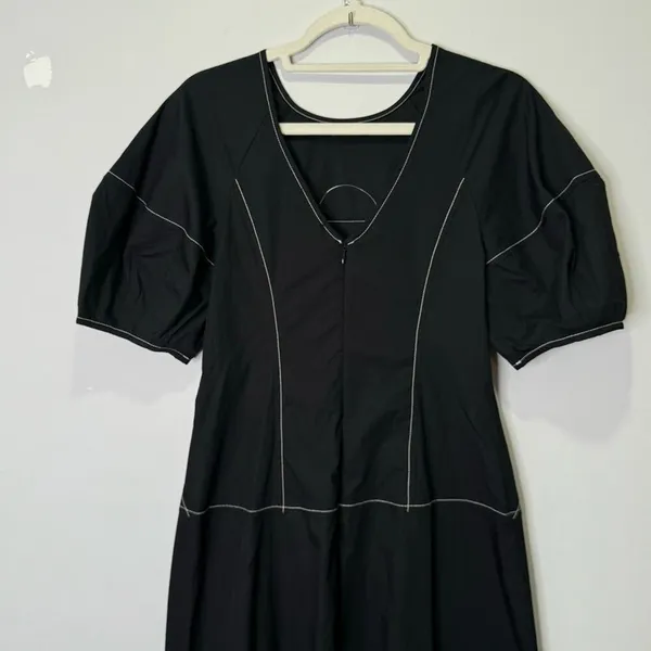 NWT‎ Madewell Puff-Sleeve Drop-Waist Midi Dress Lightweight Cotton Black NQ890 - Image 9