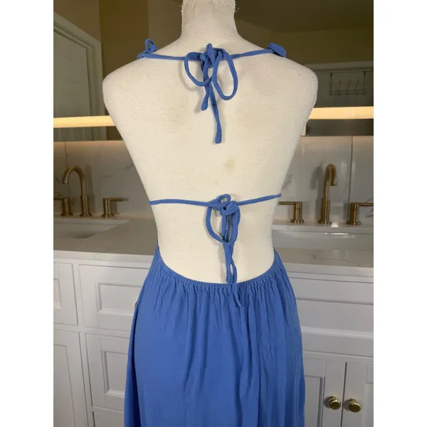 Blue Maxi Dress Womens XS Open Back Smocked Tie Ruffle Hem Boho Vacation Resort - Image 5
