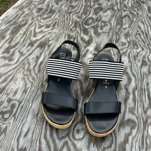 𝅺ITALIAN‎ Shoemakers Shoes Wedge black white spring summer Strappy stripe - Image 3