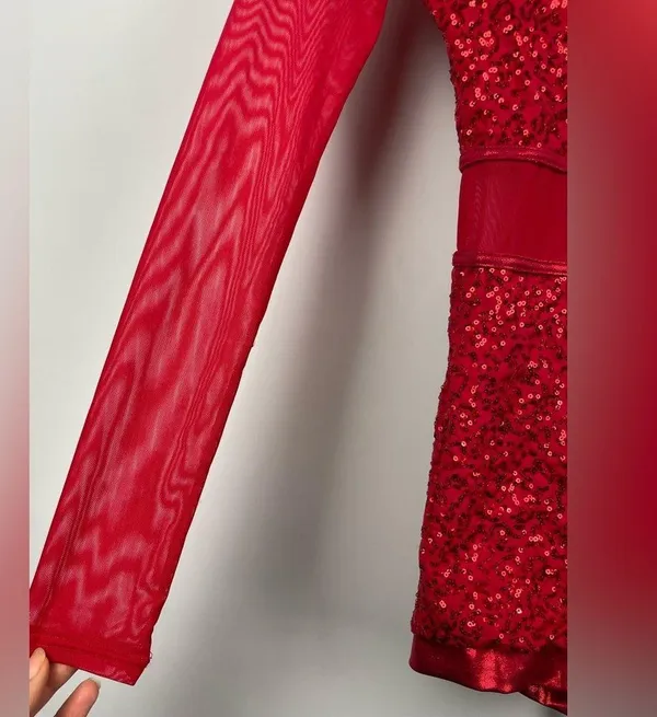 Balera Red Dancewear Sequin and Mesh Long Sleeve Biketard Romper - Image 6