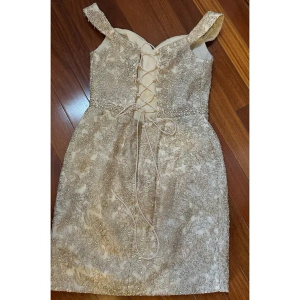 Vintage Aspeed Gold Formal Mini Dress Size Medium Sequin Lace Up Back V-Neck EUC - Image 4