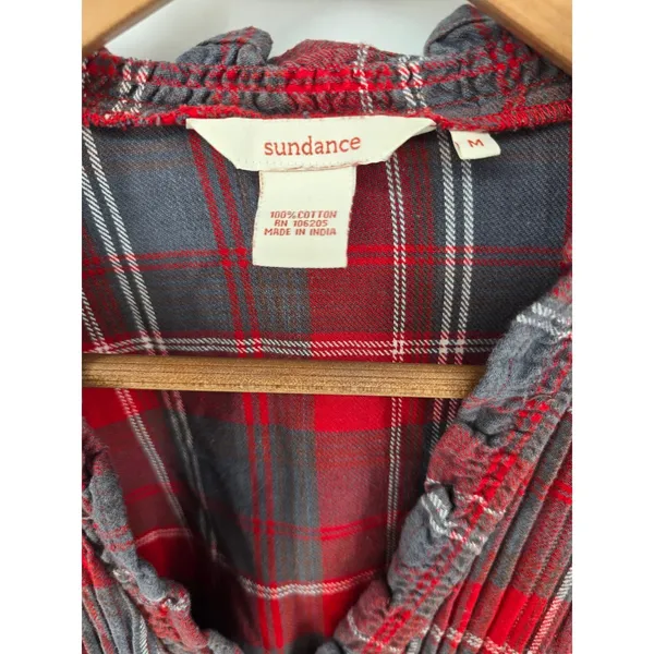 Sundance‎ Plaid Blouse Womens Medium Red Gray Ruffle Pintuck 3/4 Sleeve Cotton - Image 2