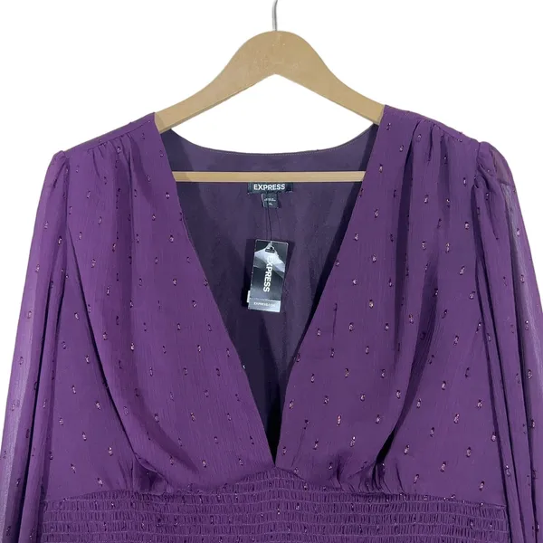NWT Express Smocked Metallic Clip Dot Blouse Purple Whimsigoth V-Neck Size XL - Image 2