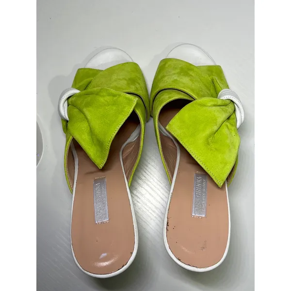 Tara Grinna Lime Green Suede Bow Mule Heels Handmade‎ in Italy Size 38 - Image 6