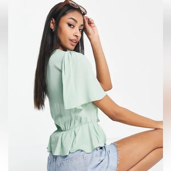 NWT Asos Mint Green Short Angel Sleeve Peplum Tea Blouse Tie Boho Waist Size 6 - Image 7