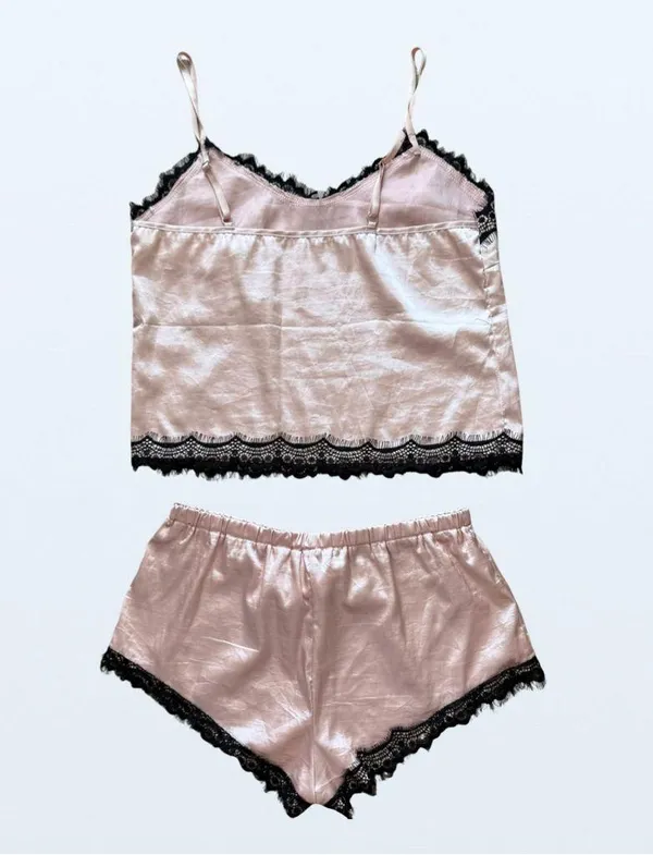 Lace Trim Satin Sleepwear Set in Pink and Black - Size Small - Image 2