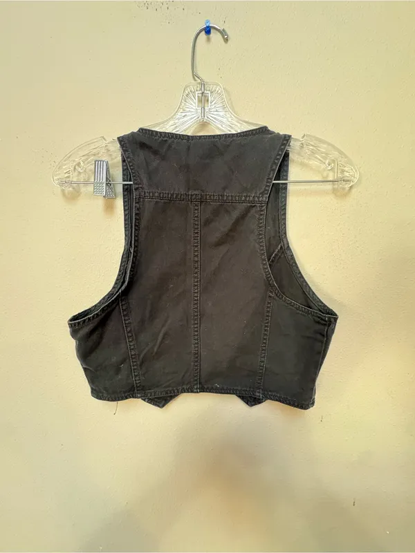 Y2K Style Washed Black Military Vest Medium Cropped Gold Button Utility - Image 2