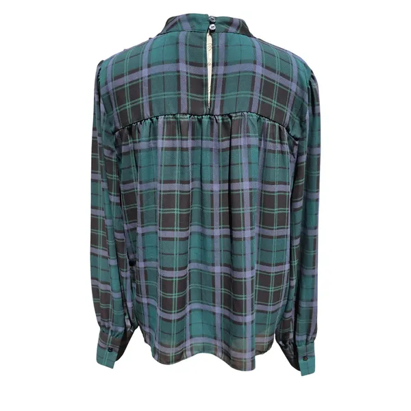 Ann Taylor Green Plaid Mock Neck Pintuck Blouse Long Sleeve Large - Image 7