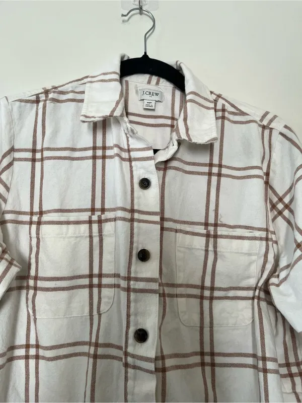 J crew White Brown Plaid Flannel Button Down Shirt Medium Preppy Coastal Western - Image 3
