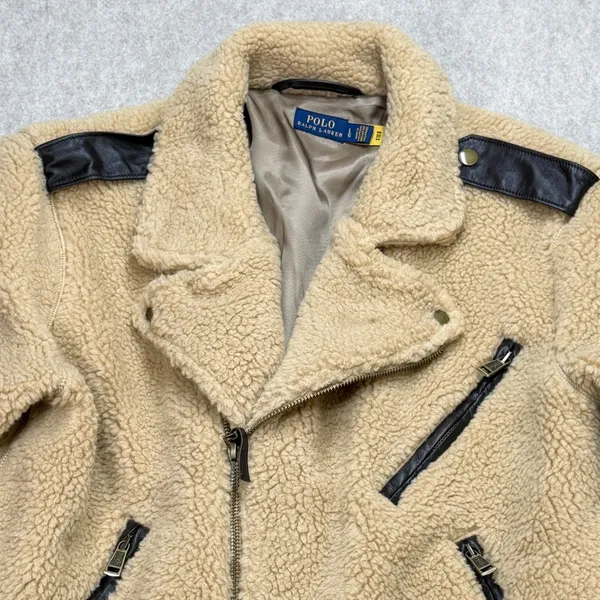 Polo Ralph Lauren Sherpa Moto Jacket Womens L Tan Off Duty Model Chic Streetwear - Image 10
