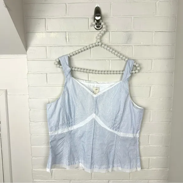 J.Jill Blue White Striped Eyelet Embroidered Cotton Tank Top Size 14 - Image 2