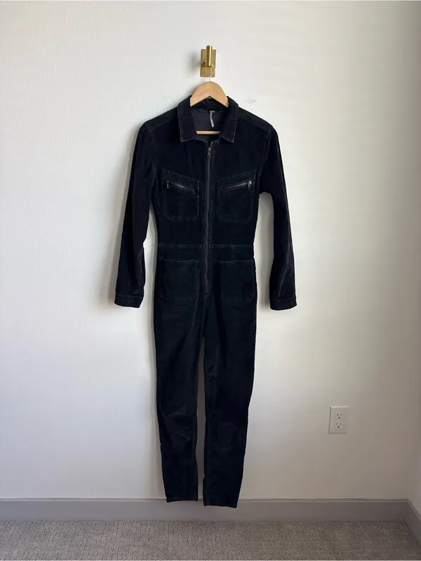 Free People Corduroy Jumpsuit Black Utility Zip Front Coveralls Small - Image 2