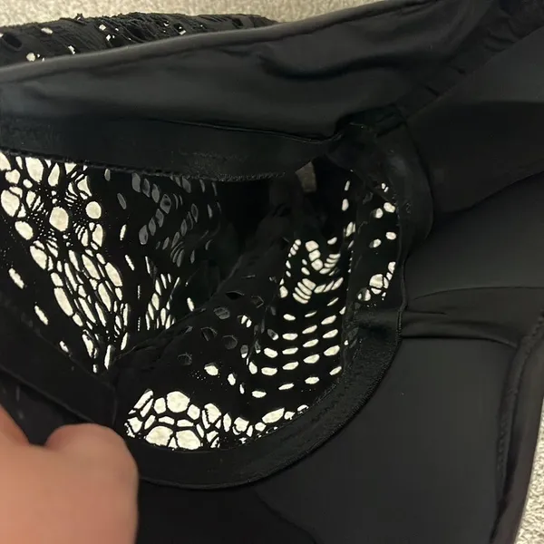 New Large Black Strapless Sheer Crochet One Piece Swim Suit with Button Detail - Image 10