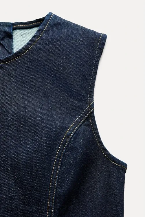 Zara Dark Blue Denim Z1975 Jean Midi Maxi Sleeveless Trendy Dress - Image 12