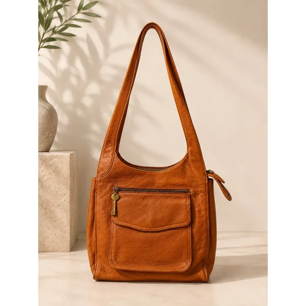 Fossil Womens Shoulder Bag Medium Orange Leather Pebbled Brass Key Vintage Y2K - Image 2