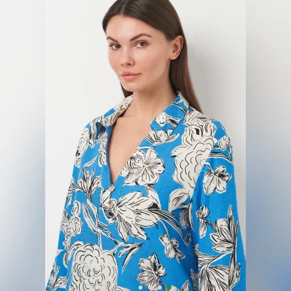 ZARA Blue White Floral Linen Blend Blouse Top NWT XL Oversized Kimono Sleeve - Image 6