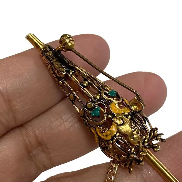 Vintage Umbrella Enamel Parasol Pin Brooch Gold Toned Damascene Pearl Handle - Image 7
