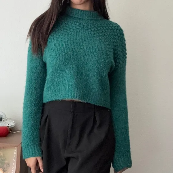 Free People Teal Green Bobble Knit‎ Mock Neck Cropped Sweater OB1508649 Small - Image 2