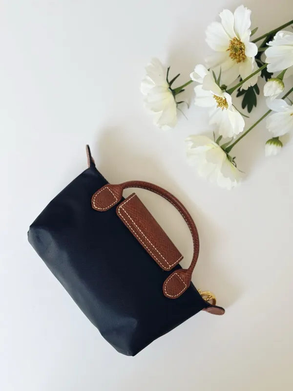 Longchamp Small Le Pliage Original Pouch Nylon Bag in Black with Brown Trim - Image 2